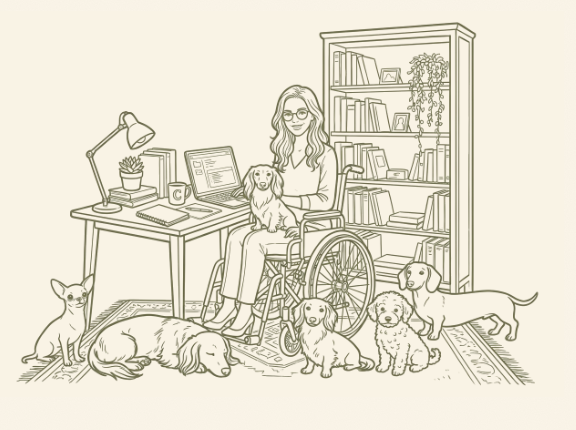 Illustration of a virtual assistant working at a laptop with a stack of books